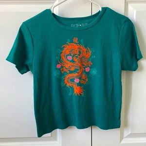 Juniors dragon print crop top, it’s a teal color and from Fifth Sun, size large.